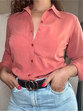 Reserved Button-Front Long Sleeve Shirt in Coral Pink